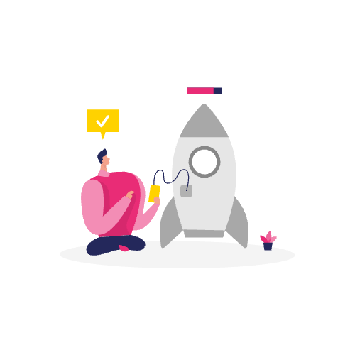 Illustratie van een persoon die geknield een kabel aansluit op een raket, met een vinkje boven zijn hoofd, wat de stappen naar e-e-a-t verbeteren symboliseert.