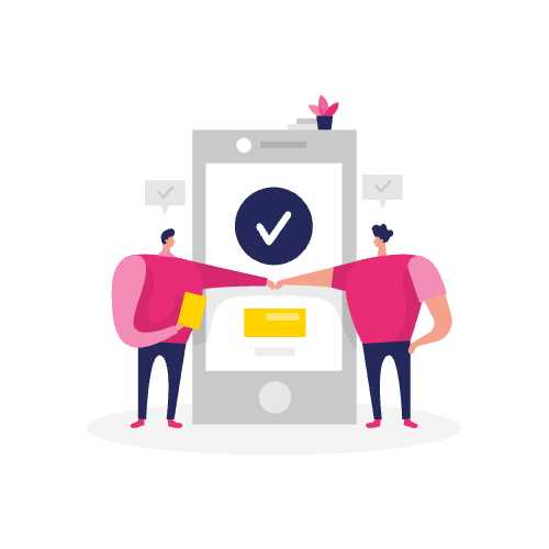 Twee mensen slaan een vuist voor een grote smartphone met een vinkje op het scherm, als symbool voor teamwork om e-e-a-t te verbeteren in digitale interacties.