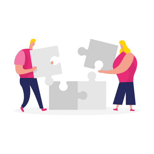 Twee mensen houden grote puzzelstukken vast en werken samen om ze in een puzzel op de grond te passen. Ze symboliseren hoe teams samenwerken om content cannibalisatie op te lossen en naadloze resultaten te behalen.