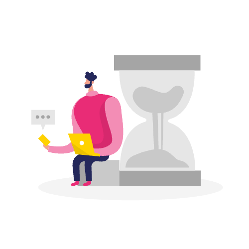 Illustratie van een persoon met een laptop die naast een grote zandloper zit en een telefoon en een chatballon vasthoudt - perfect voor onderwerpen als semantische SEO en digitale communicatie.