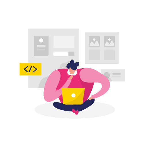 Persoon in kleermakerszit met een laptop, bezig met het coderen van marketing automation content, met website templates op de achtergrond.