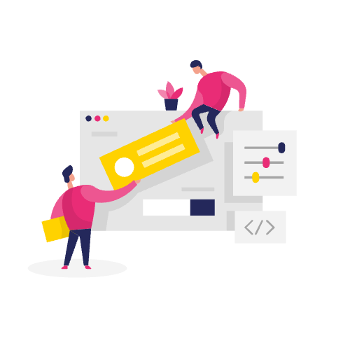 Twee mensen schikken kleurrijke UI-elementen op een groot computerscherm, symbool voor webontwerp of -ontwikkeling met een focus op marketingautomatiseringscontent.
