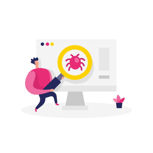 Illustratie van een persoon die naar een computerscherm wijst waarop een bug-icoon staat, symbool voor een computervirus en het belang van schema markup implementeren voor betere online beveiliging.