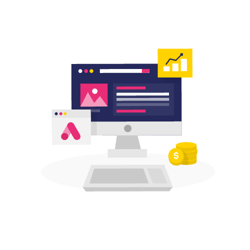Illustratie van een desktopcomputer met grafieken, advertenties, munten en ai search tracking elementen, die digitale marketing en analytics symboliseren.