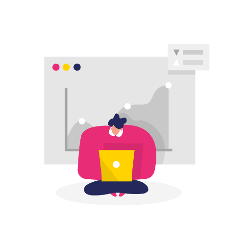 Illustratie van een persoon met een laptop voor een grafiek met stijgende trendlijnen en datapunten, die de effectiviteit symboliseren van een strategie voor interne links om de prestaties van een website te verbeteren.