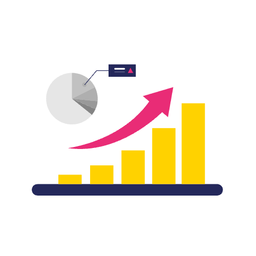 Geel staafdiagram met oplopende balken, een roze pijl naar boven en een gesegmenteerd taartdiagram op een lichte achtergrond, ter illustratie van inzichten in ai search tracking.