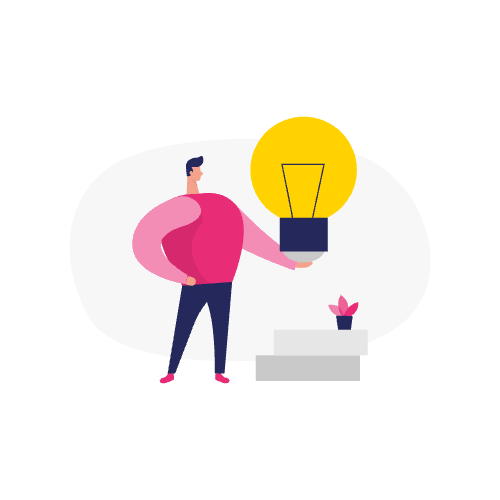 Illustratie van een persoon die een grote gloeilamp vasthoudt en naast een trap en een kleine plant staat - perfect om case study marketing en innovatieve ideeën weer te geven.