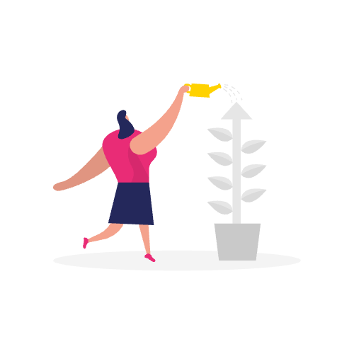 Illustratie van een vrouw die een groeiende plant water geeft met een pijl omhoog tussen de bladeren, als symbool voor ai zoektocht naar voedende vooruitgang.