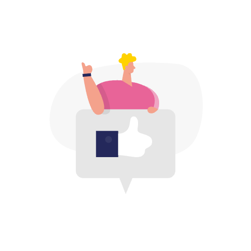 Illustratie van een persoon die een duim omhoog geeft boven een tekstballon met een like-pictogram, perfect voor inhoud over positieve feedback of seo voor verbijstering.
