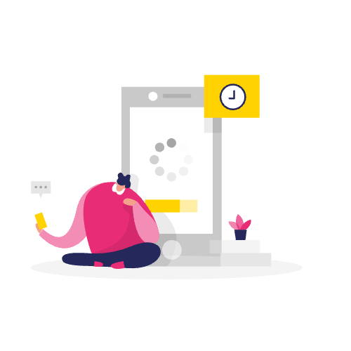Illustratie van een persoon die met een telefoon zit te wachten terwijl een grote smartphone wordt geladen, met een klokpictogram erboven - dit symboliseert prestatieproblemen bij Wordpress die invloed hebben op laadtijden.