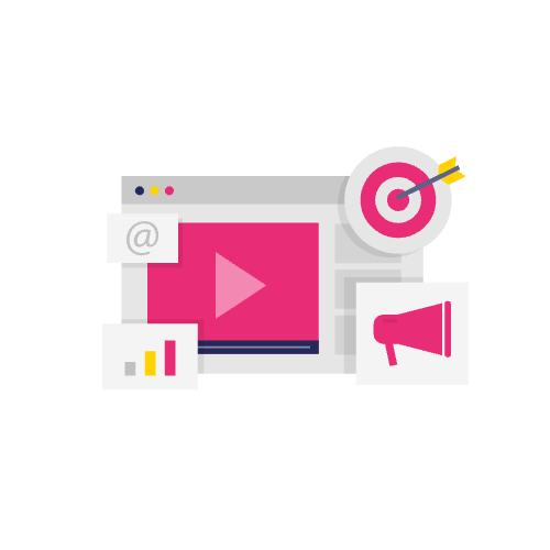 Illustratie van een browser met een afspeelknop, doel met pijlen, megafoon en pictogrammen voor gegevensgrafieken - perfect voor het visualiseren van seo voor perplexity-strategieën.