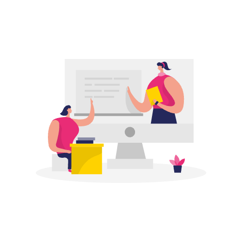 Illustratie van twee studerende vrouwen achter een computer, één zittend achter een bureau en één op het scherm met een boek in de hand, waarmee het concept van artikel schema toevoegen voor verbeterd digitaal leren wordt benadrukt.