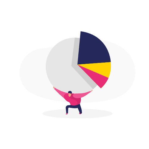 Illustratie van een persoon die een grote taartgrafiek met kleurrijke segmenten omhoog houdt, die inzichtelijke gegevens van een Looker Studio dashboard voorstelt, op een witte achtergrond.