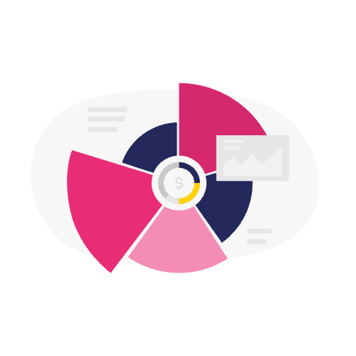 Kleurrijk cirkeldiagram met vier segmenten en een centraal dollarteken, plus een klein grafiekpictogram aan de rechterkant - perfect om financiële onderwerpen te illustreren of om uit te leggen hoe je schematoevoegingen aan artikelen toevoegt voor gegevensrijke inhoud.
