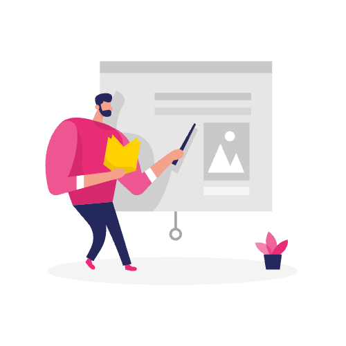 Illustratie van een man die een presentatie geeft met een aanwijsstok, naast een scherm met een website met focusindicator en een kleine potplant.