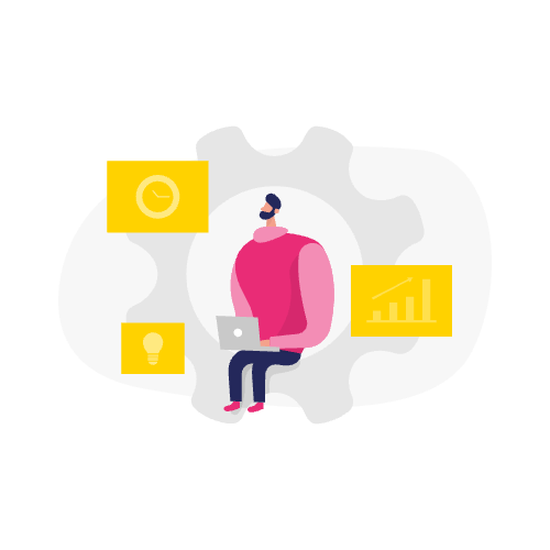 Illustratie van een persoon die een laptop gebruikt, omringd door pictogrammen van een klok, grafiek en gloeilamp - perfect om uit te leggen hoe je schema toevoegen aan je website toevoegt.