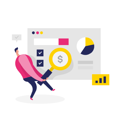 Illustratie van een persoon die financiële gegevens bekijkt met een vergrootglas, grafieken en checklists op de achtergrond, wat het belang benadrukt van het gebruik van een focusindicatorwebsite voor gedetailleerde analyse.