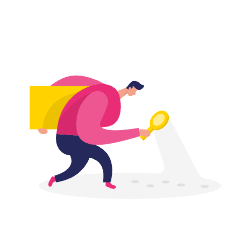 Illustratie van een persoon die een vergrootglas vasthoudt, sporen onderzoekt en een grote gele rechthoek op zijn rug draagt - symbool voor de zoektocht naar SEO-inzichten van een block editor.