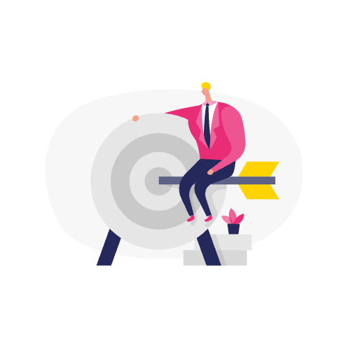 Illustratie van een zakenman die op een grote dartpijl zit die in een schietschijf is gestoken, naast een plant in pot, die precisie en focus symboliseert, zoals ga4 events instellen voor het bijhouden van zakelijke doelen.