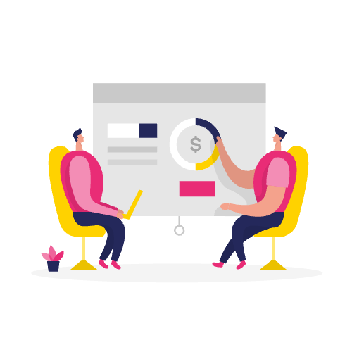 Twee mensen op stoelen bespreken gegevens en grafieken van een Looker Studio dashboard dat wordt weergegeven op een scherm, met een kleine plant in de buurt, terwijl ze SEO-strategieën bespreken.