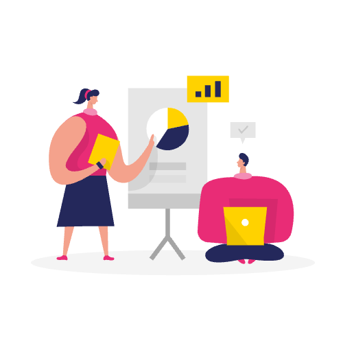 Illustratie van een vrouw die een taartdiagram presenteert aan een zittend persoon met een laptop, wat het belang benadrukt van een toegankelijke pdf maken voor het effectief delen van informatie.