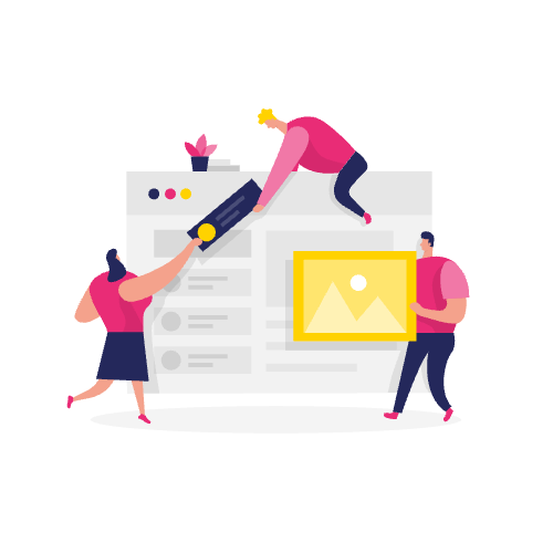 Drie mensen werken samen om een website te ontwerpen, waarbij ze een blokbewerker gebruiken om afbeeldingen en grafische elementen toe te voegen terwijl ze SEO overwegen op een groot scherm.