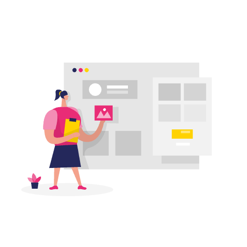 Illustratie van een vrouw die een afbeelding plaatst op een grote website lay-out, met een map in de hand en een plantje in de buurt - symboliseert stappen zoals schema markup implementeren voor een betere sitestructuur.
