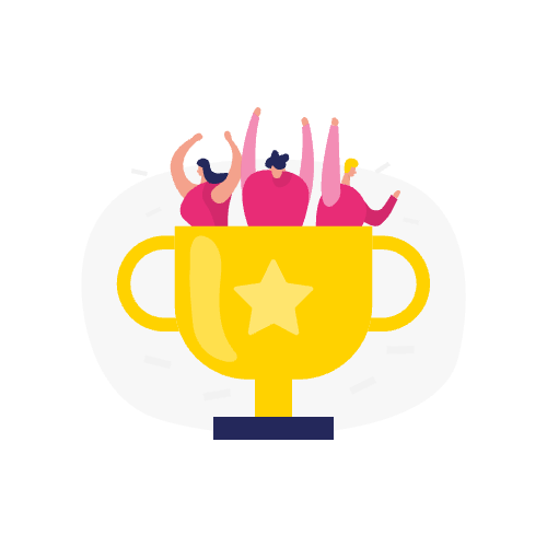 Drie mensen vieren feest in een grote gouden trofee met een ster erop, als symbool voor uitstekende WordPress-prestaties.