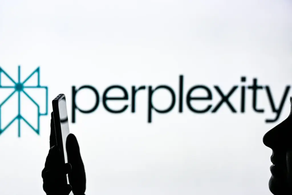 Silhouet van een persoon met een telefoon voor het Perplexity AI-logo op een witte achtergrond, symbool voor seo voor perplexity en digitale betrokkenheid.