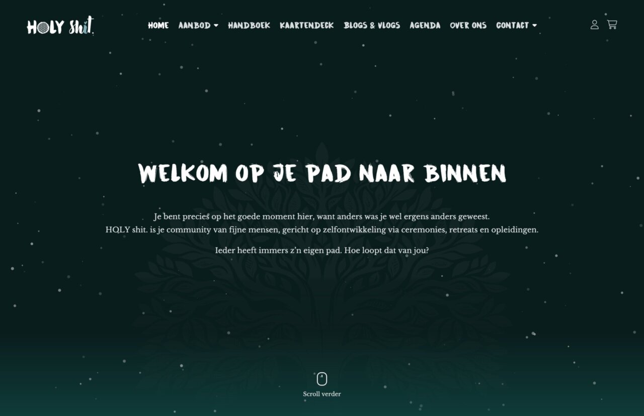 Homepage van website met de tekst "WELKOM OP JE PAD NAAR BINNEN" op een donkere achtergrond met sterren.