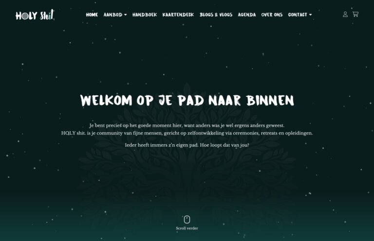 Homepage van website met de tekst "WELKOM OP JE PAD NAAR BINNEN" op een donkere achtergrond met sterren.