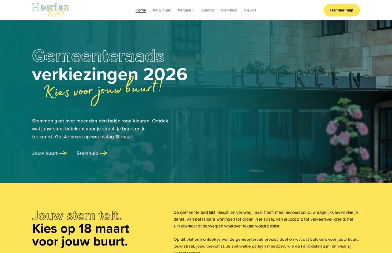 Website die de gemeenteraadsverkiezingen van 2026 promoot met groene en gele accenten en een oproep om te stemmen voor je buurt.