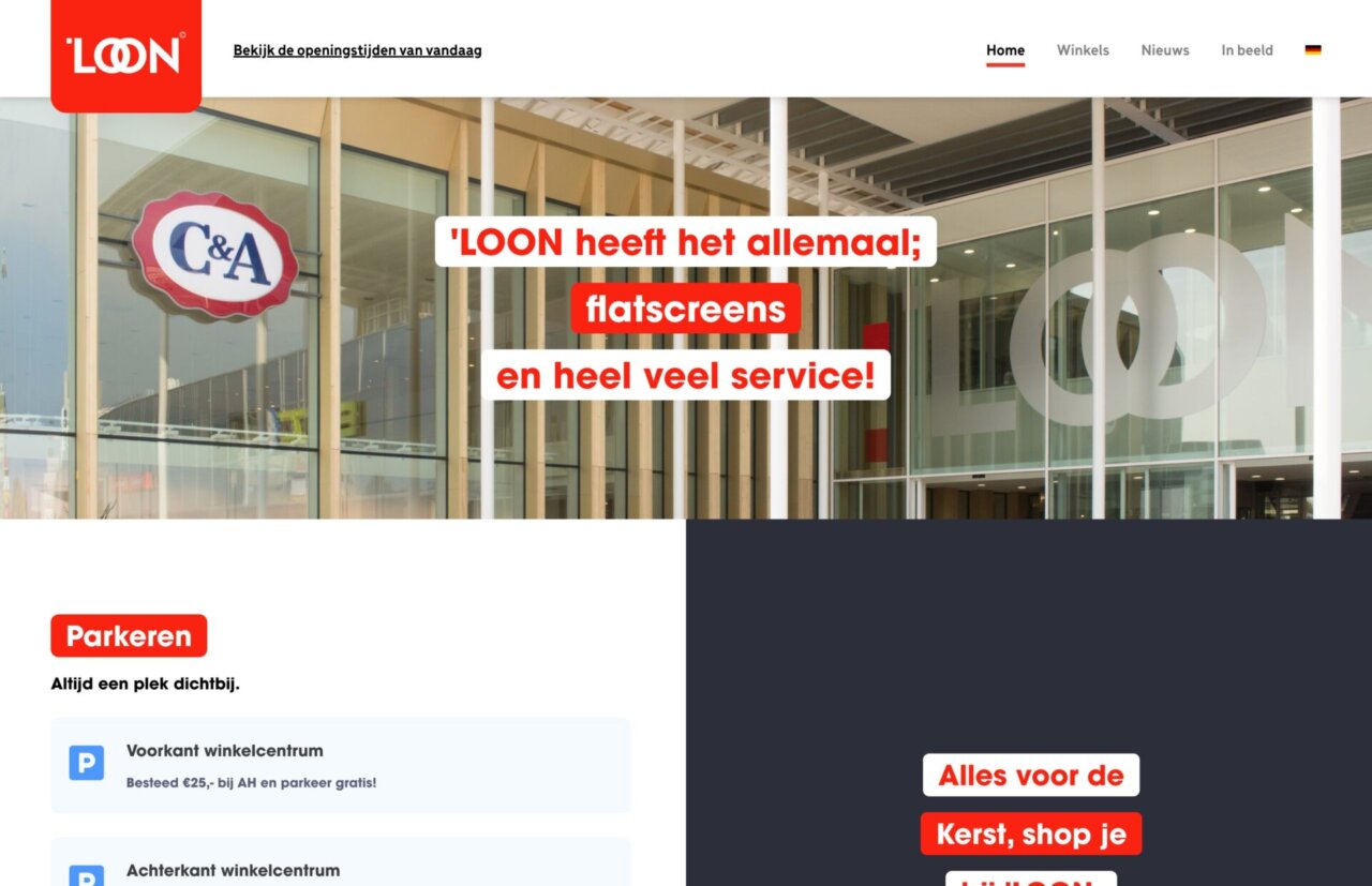 Exterieur van LOON winkelcentrum met C&A winkel en promotietekst in het Nederlands over diensten en producten.