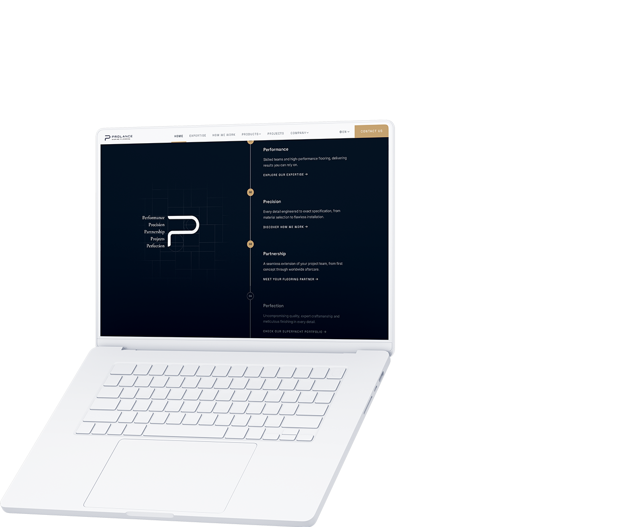 Een witte laptop waarop een website met een donker thema te zien is, met tekst en een gestileerd „P“-logo op het scherm.