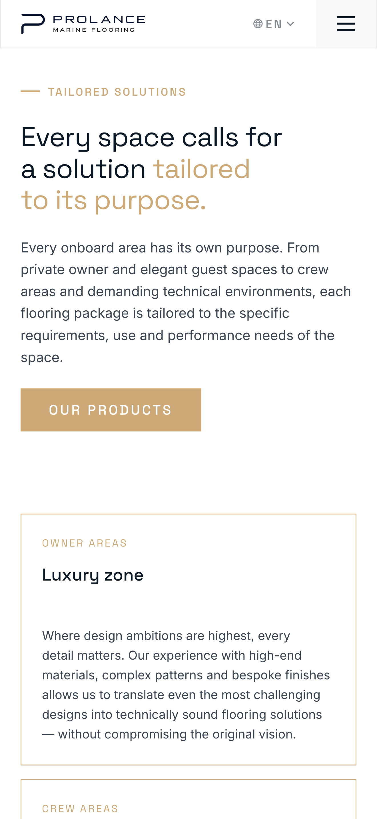 Een webpagina over vloeren voor schepen, met de nadruk op oplossingen op maat en productinformatie voor luxe ruimtes en bemanningsruimtes.