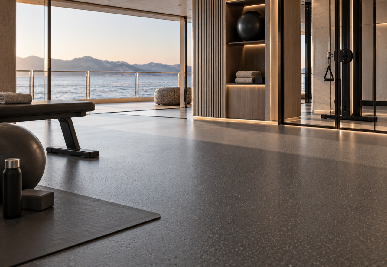 Moderne fitnessruimte met fitnessapparatuur, grote ramen en een prachtig uitzicht op de oceaan bij zonsondergang.